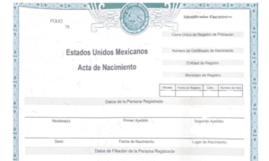 Scanned Mexican birth certificate page with official seal