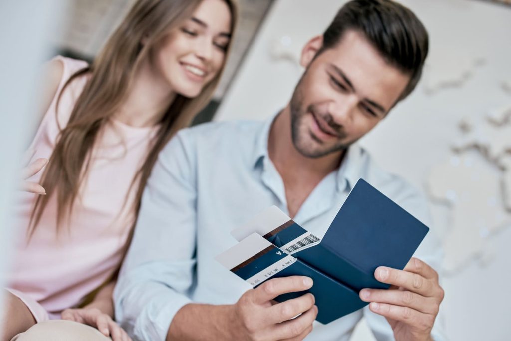 Couple reviewing Mexican passports and visas