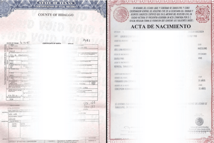 Opened Mexican and U.S. birth certificate documents on a table